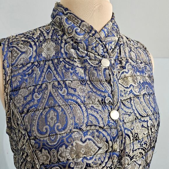 Chico's Reversible Quilted Vest Snap Front Sleeveless Blue Jacquard Black Jacket - Picture 10 of 15